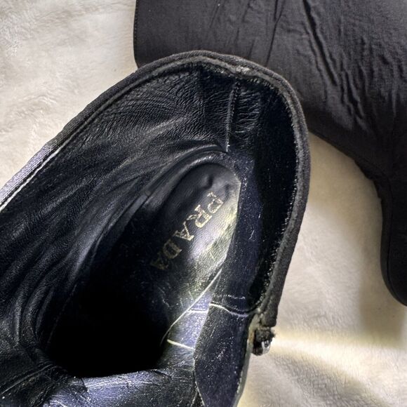Prada Womens Boots Black Nylon Leather Ankle Block Heel Booties Covered Heel 38 - Picture 7 of 11